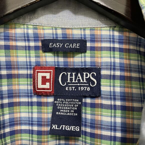 Chaps Short Sleeve Button Down Easy Care Shirt Blue Green Orange Plaid Men's XL - Picture 4 of 7